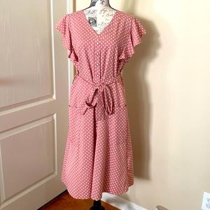 NWOT summer salmon polka dot ruffle sleeve midi dress